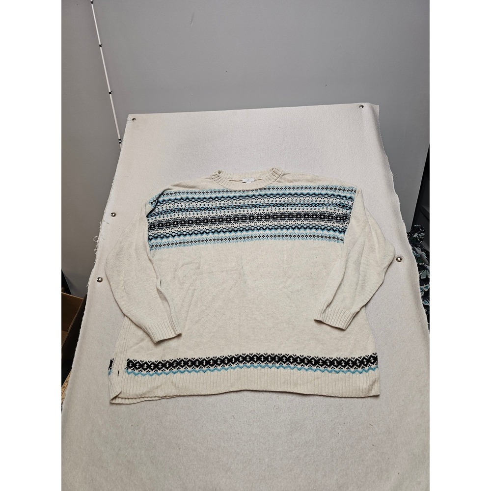 J. Jill Womens Large Fair Isle Crewneck Sweater Cream Blue Cotton Blend 6879